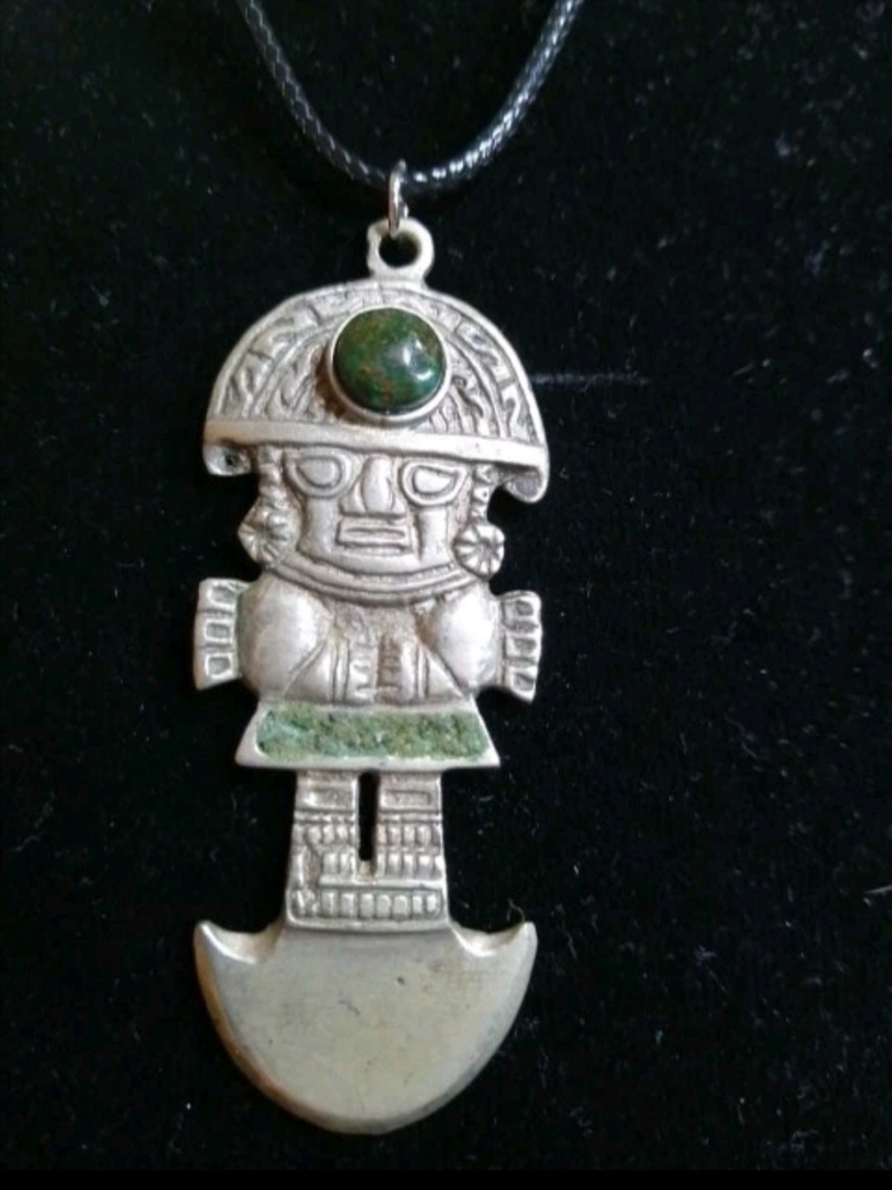 Vintage Peruvian Ceremonial Knife Tribal Style Pendant Necklace with Green Stone